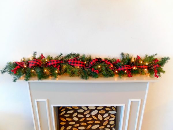 Christmas Garland with Red Buffalo Check Ribbon