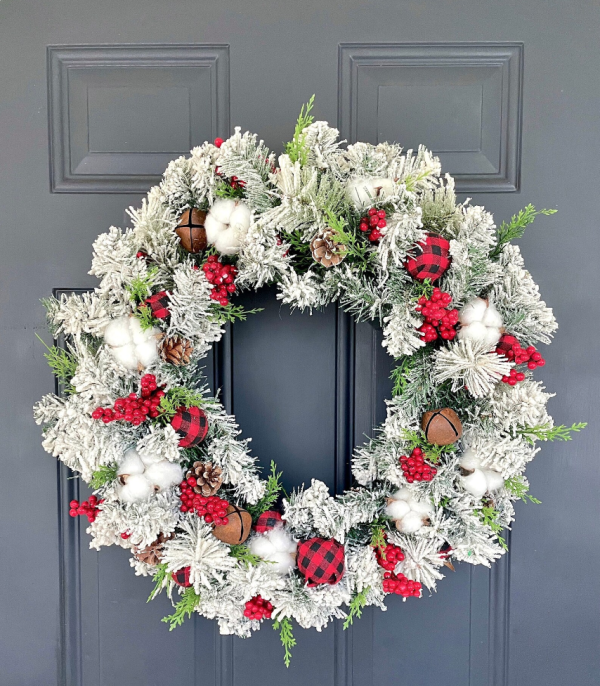Flocked Buffalo Check Christmas Wreath - Image 2