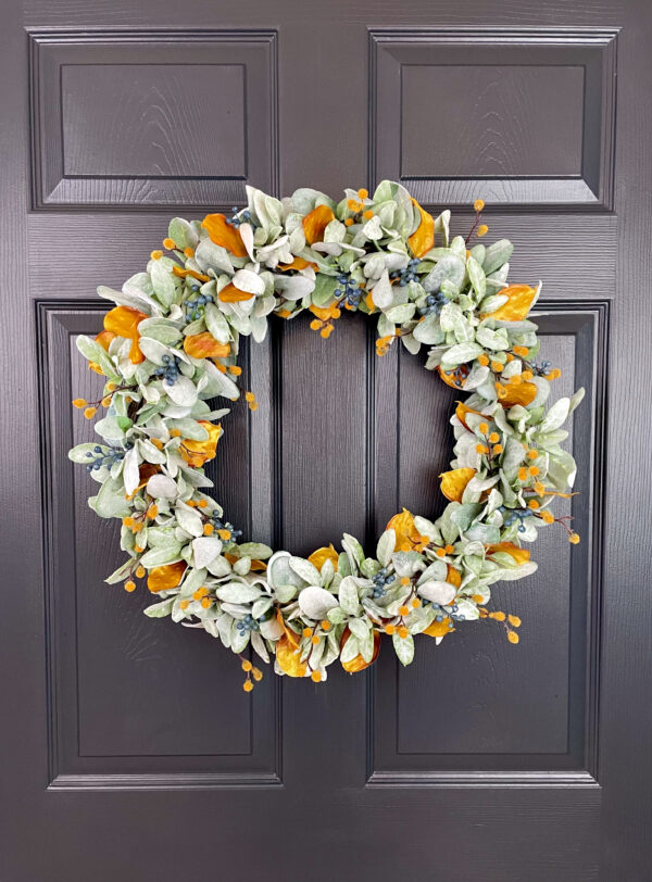 Lamb's Ear Fall Berry Wreath with Pumpkins - Image 3