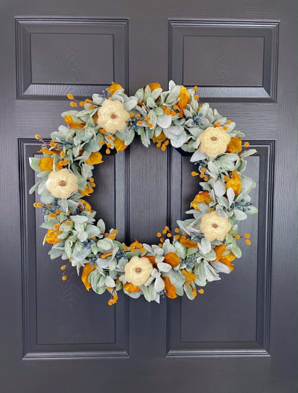 Lamb's Ear Fall Berry Wreath with Pumpkins - Image 2